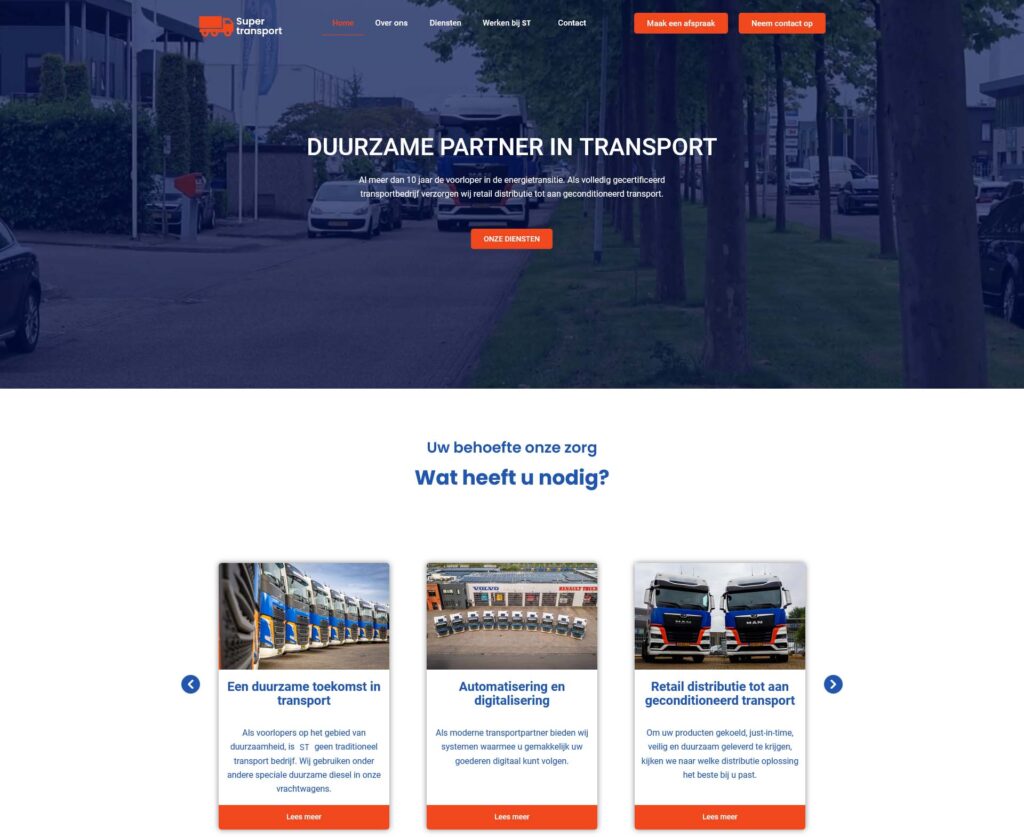Screenshot of the home page of a transportation client