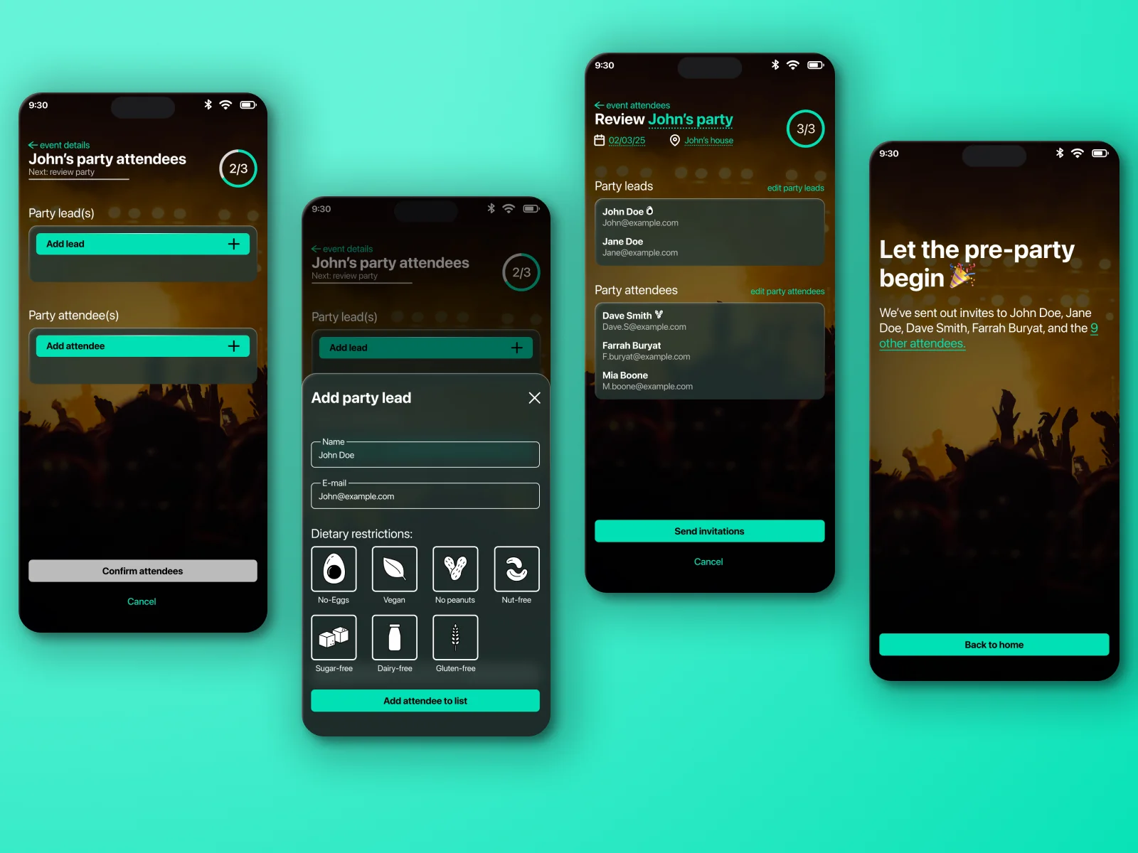 RSVP app screens op iPhone, van toevoegen deelnemers t/m succesvolle creatie van feest